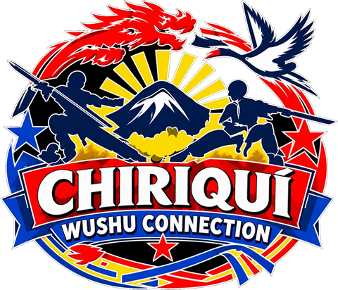 Chiriquí Wushu Connection emblem: a dragon and a crane circle two martial artists in front of a volcano and rising sun.